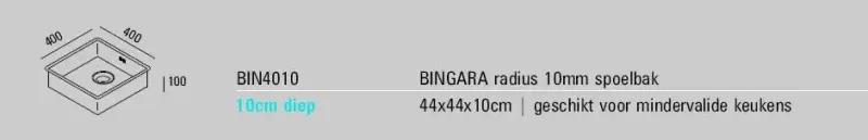ABK Bingara shallow stainless steel sink for disabled, 10cm deep, 40x40cm, flush mount, undermount, and top mount BIN4010FVI