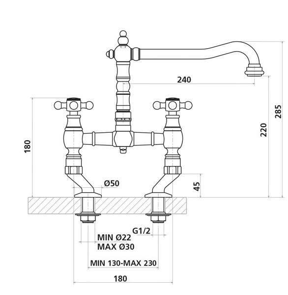 Old Fashion Two-holes with elows sink Stainles steel V1979RVSST - Productafbeelding 3