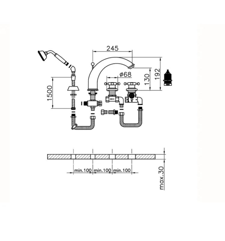 Huber Victorian 4-hole Thermostatic Bath Mixer with Handshower Bronze VTT7601027