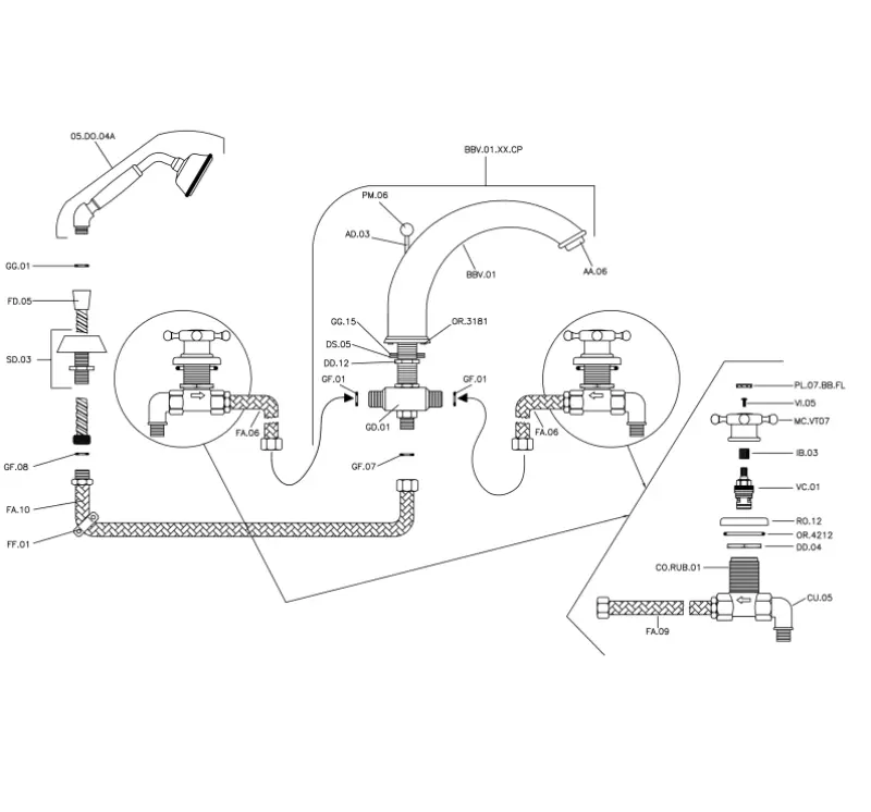 Huber Victorian 4-hole Bath Tap with Shower Fittings stainless steel VT0002602A