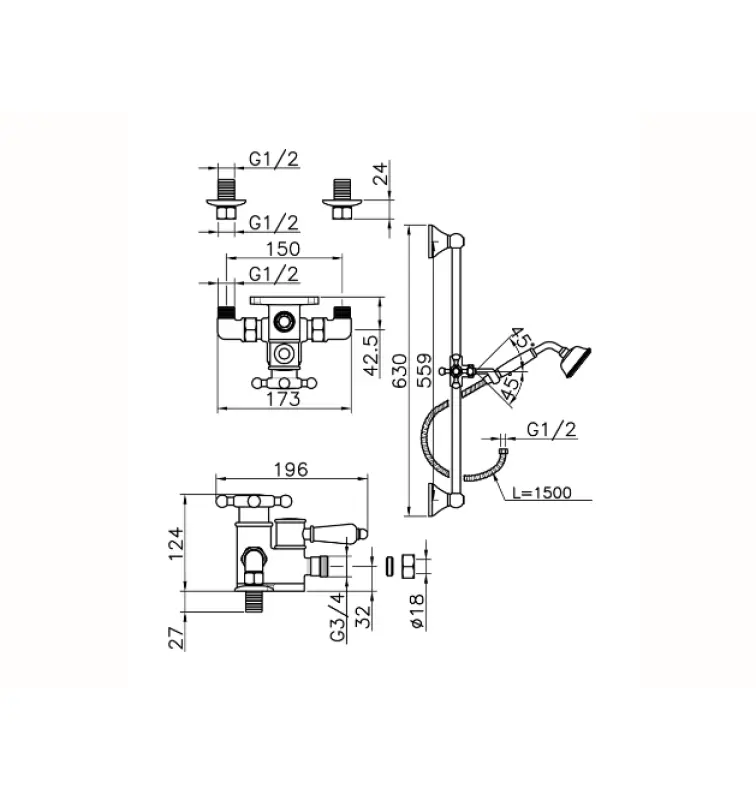 Huber Victorian Thermostatic shower mixer with sliding bar Chrome 190R.VT01H.CR