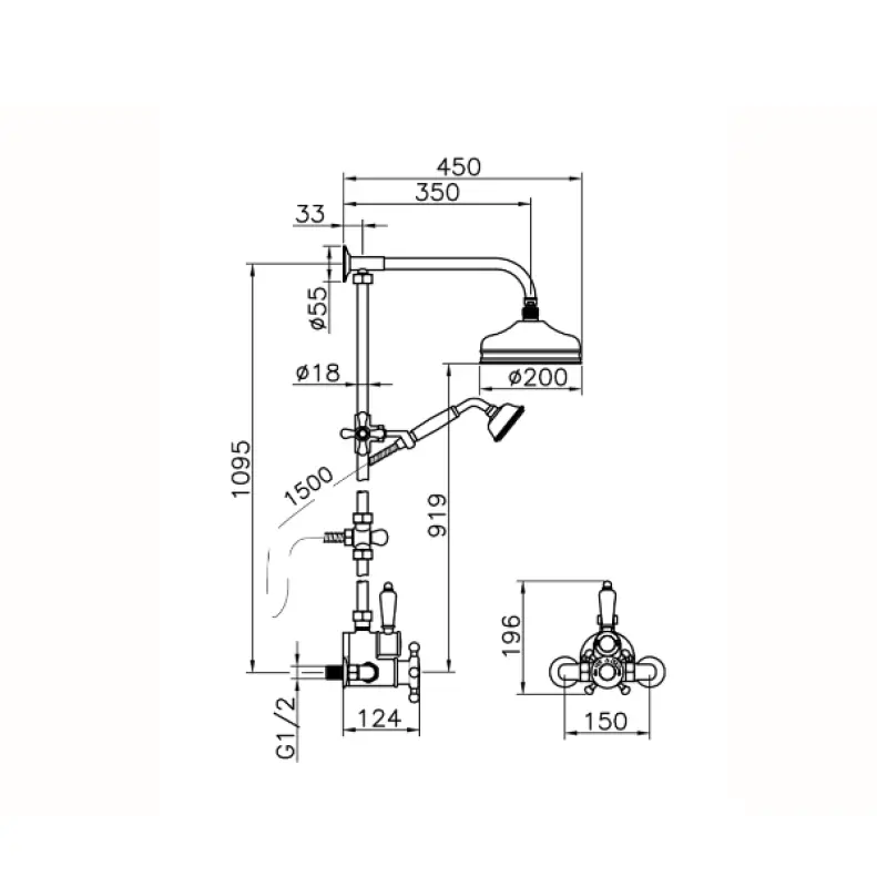 Huber Victorian Thermostatic Shower Set 20cm Stainless Steel 590.VT21H.AC
