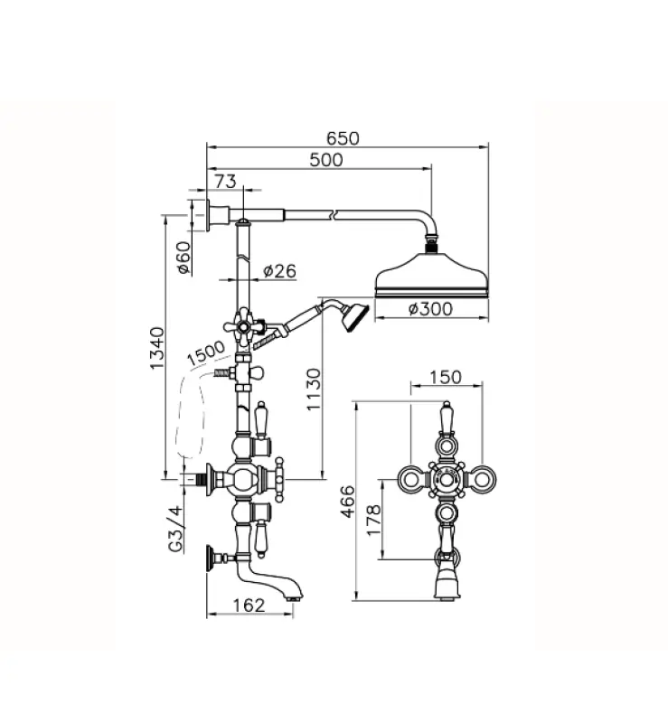 Huber Victorian Thermostatic Bath/Shower Set 30cm Chrome 592.VN31H.CR