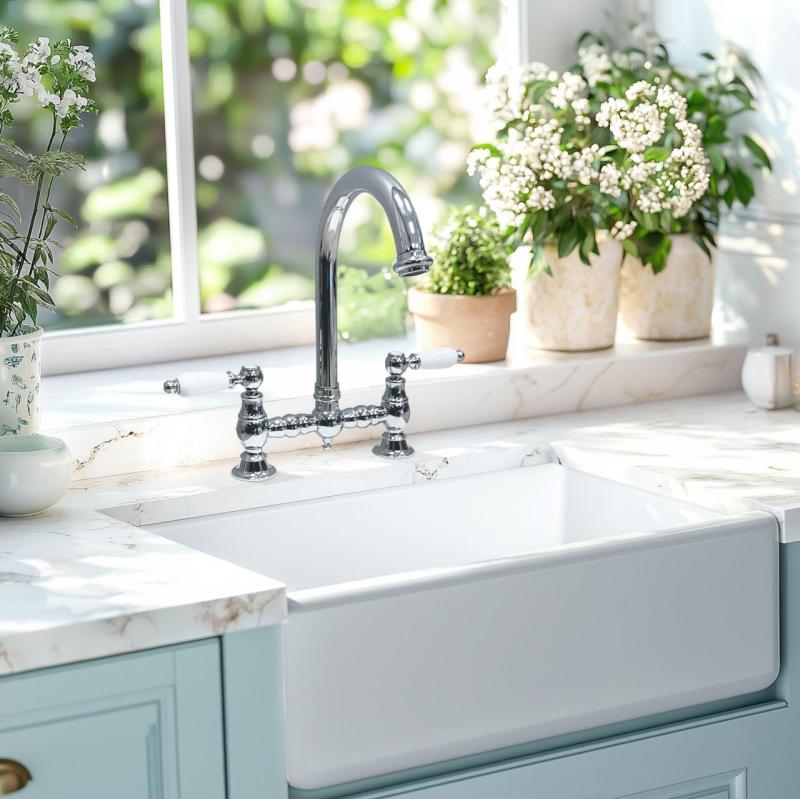 PB Old fashion Bridge kitchen faucet Chrome round spout with white handles PBN.CHR.R.WH