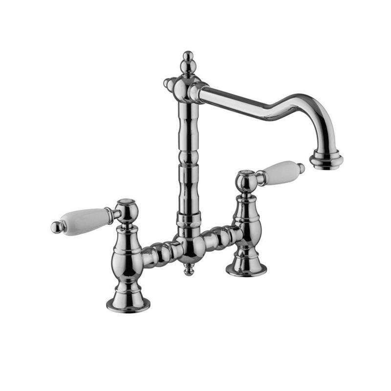 PB Old fashion Bridge kitchen faucet Chrome angled spout with white handles PBN.CHR.H.WH
