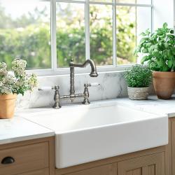 PB Old fashion bridge kitchen faucet stainless steel angled spout with white handles PBN.RVS.H.WH