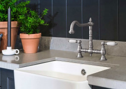 PB Old fashion bridge kitchen faucet stainless steel angled spout with white handles PBN.RVS.H.WH