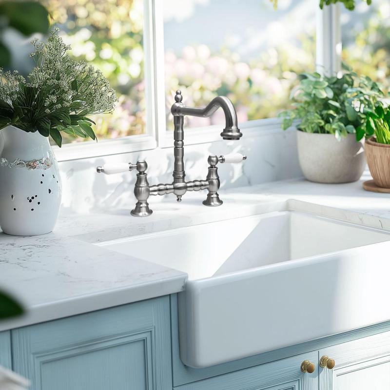 PB Old fashion bridge kitchen faucet stainless steel angled spout with white handles PBN.RVS.H.WH