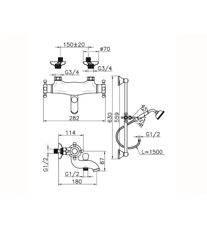 Huber Victorian Thermostatic Bath Mixer with Sliding Bar Gold VTS270102G