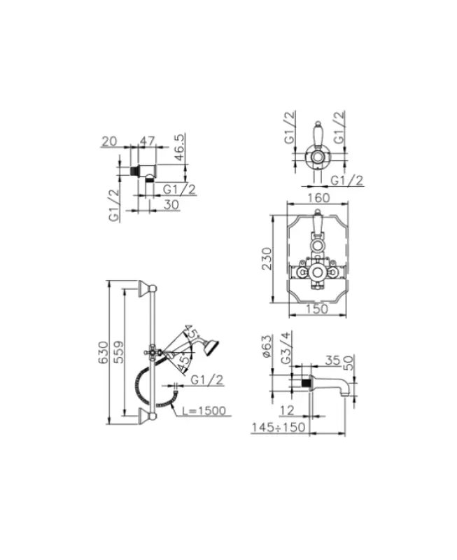 Huber Victorian Thermostatic Built-in Bath-Shower Set Stainless Steel 914.VT01H.AC