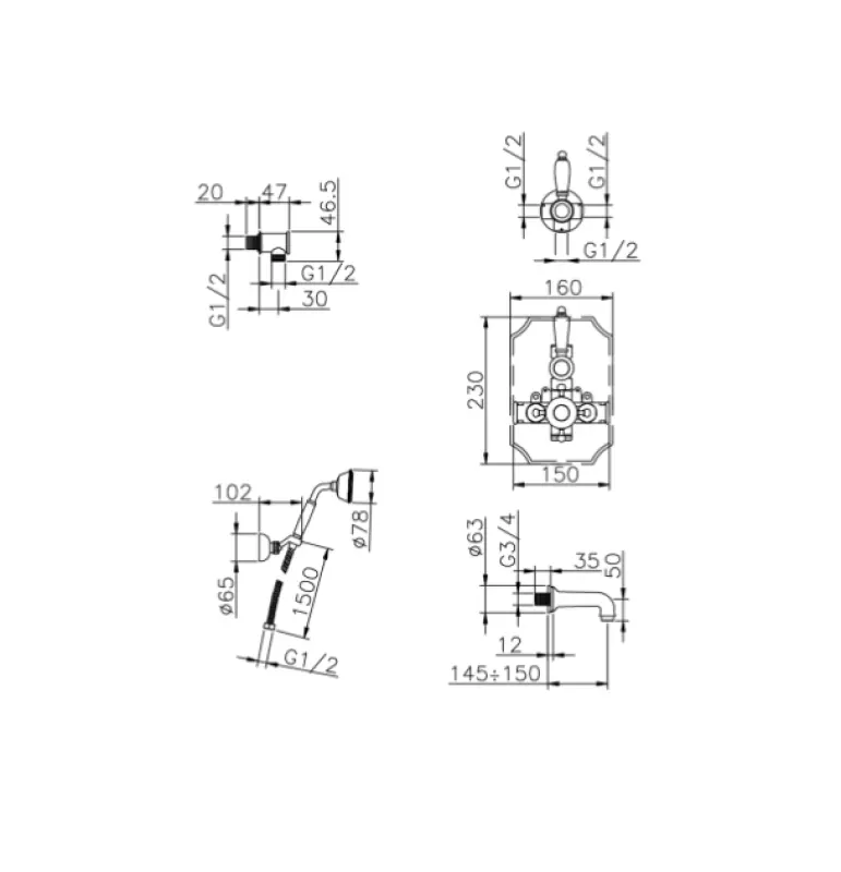 Huber Victorian Thermostatic Built-in Bath-Shower Set Chrome 915.VT01H.CR