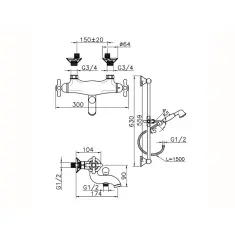 Huber Croisette Thermostatic bath-shower mixer with sliding bar Chrome CSS2701021