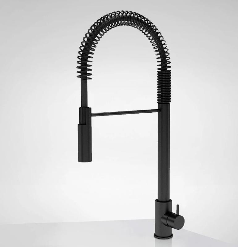 Waterevolution Flow semi-professional kitchen mixer tap, matte black with column and spring T157PR