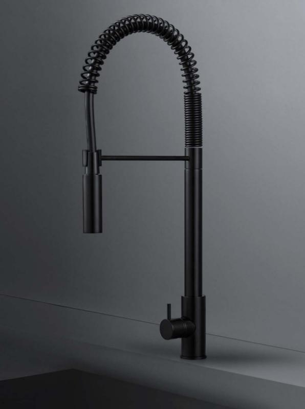 Waterevolution Flow semi-professional kitchen mixer tap, matte black with column and spring T157PR