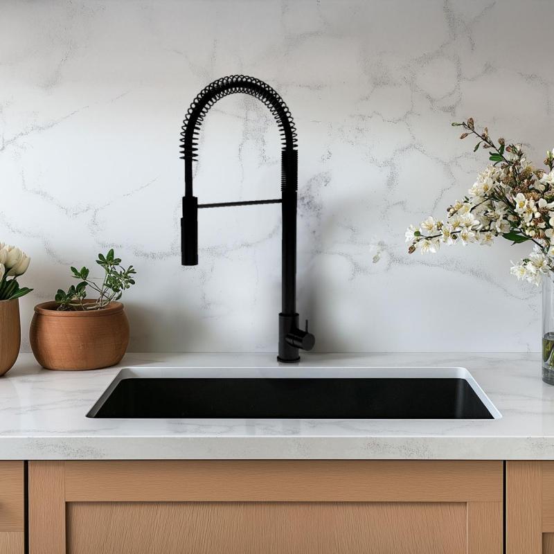 Waterevolution Flow semi-professional kitchen mixer tap, matte black with column and spring T157PR