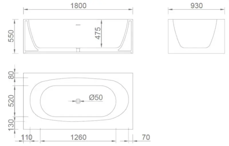 Solid-S Recto solid surface freestanding bathtub, Corian, L180 x W93 x H55 cm, matte white, last in stock