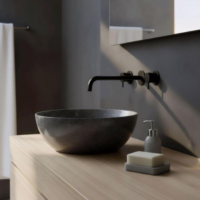 Waterevolution Flow 3-hole Built-in Washbasin Faucet Matte Black with 25 cm Spout T1163FPR-25