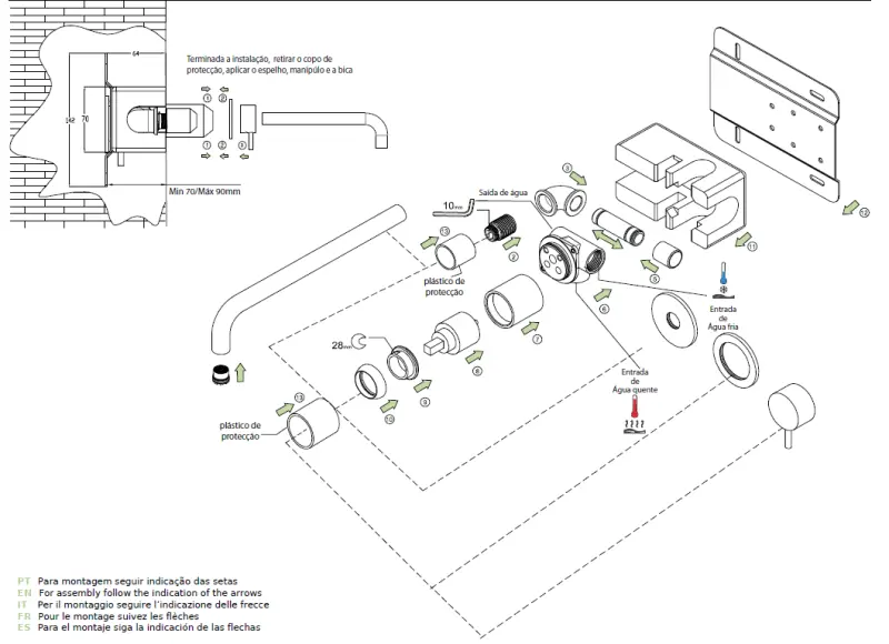 Waterevolution Flow Consealed washbasin monoblox mixer with 15 cm spout, easy box and automatic stop & go valve, built-in + external parts White T1161BBR-15