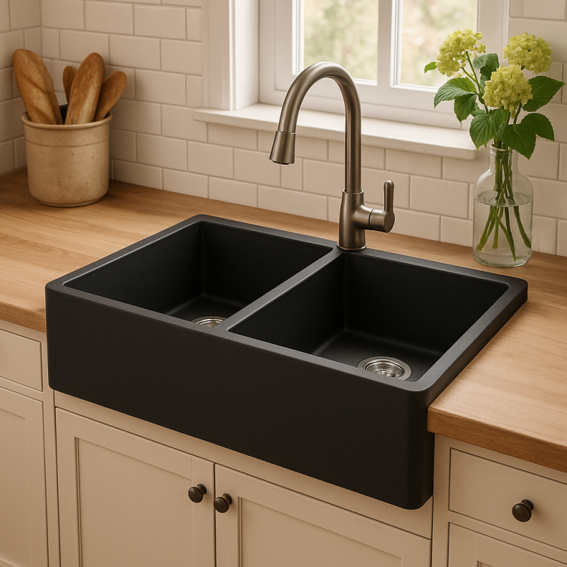 GraniteMy Tradition country-style double sink, 2-sided granite sink, 80x50cm, black, top-mounted, undermounted, and flush-mounted, 1208953697