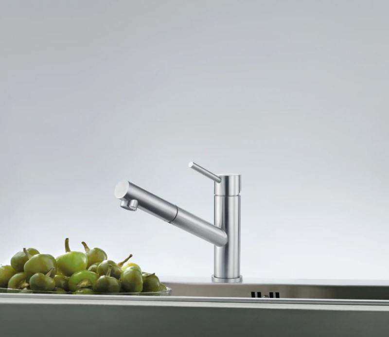 Franke Orbit solid stainless steel low kitchen tap with pull-out spout stainless steel 115.0569.461