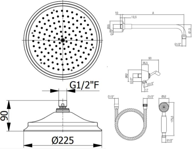 PB classic nostalgic classic built-in shower set chrome with hand shower and rain shower 225mm 1208953841