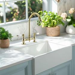 PB Nostalgic bridge kitchen tap brass natural round spout with white handles PBN.MES.R.WH