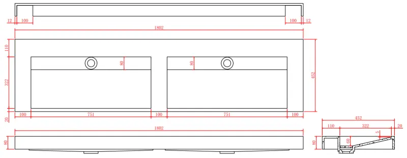 Solid-S Marble double washbasin solid surface black marble matte without tap hole with solid cover B180xD45xH8 1208953889
