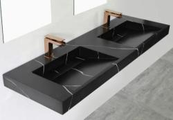 Solid-S Marble double sink solid surface black marble matte without faucet hole with solid cover B140xD45xH8 1208953891