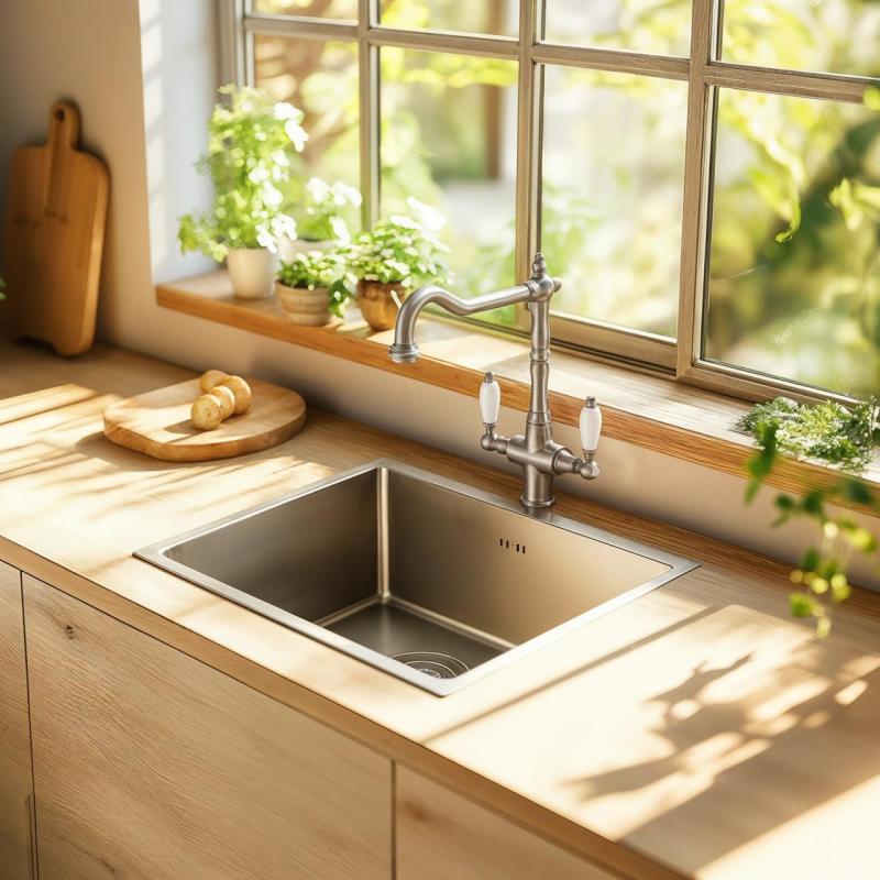 PB Nostalgic classic country kitchen tap stainless steel with white handles 1208953915