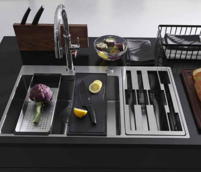 Franke Box Center BWX220-54-27 stainless steel sink left with chopping board knife set and wire basket 86x51cm 127.0587.643