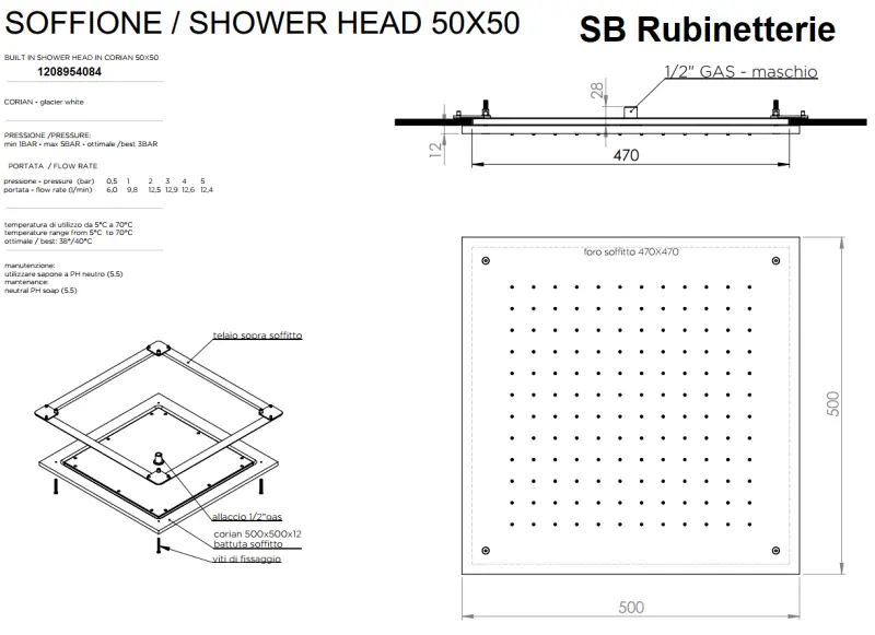 SB Rubinetterie matte white corian solid surface built-in square rain shower ceiling showerhead 50cm 1208954084