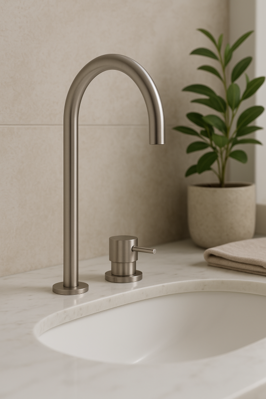 Waterevolution Flow 2-hole basin faucet, fully stainless steel with high U 200mm spout T1122UIE