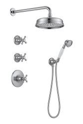 PB nostalgic built-in shower set with thermostatic tap and 2 stop taps - hand shower - rain shower 200mm - chrome