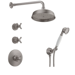 PB nostalgic built-in shower set with thermostatic tap and 2 stop taps - hand shower - rain shower 200mm - stainless steel