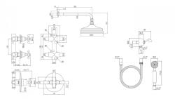 PB nostalgic built-in shower set with thermostatic tap and 2 stop taps - hand shower - rain shower 200mm - stainless steel