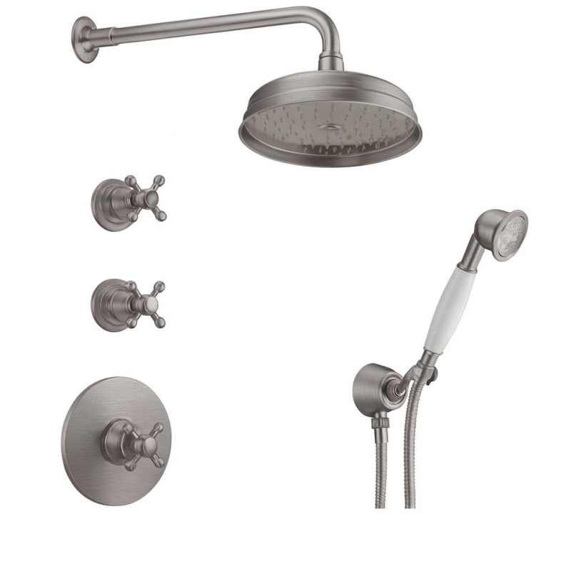 PB nostalgic built-in shower set with thermostatic tap and 2 stop taps - hand shower - rain shower 200mm - stainless steel