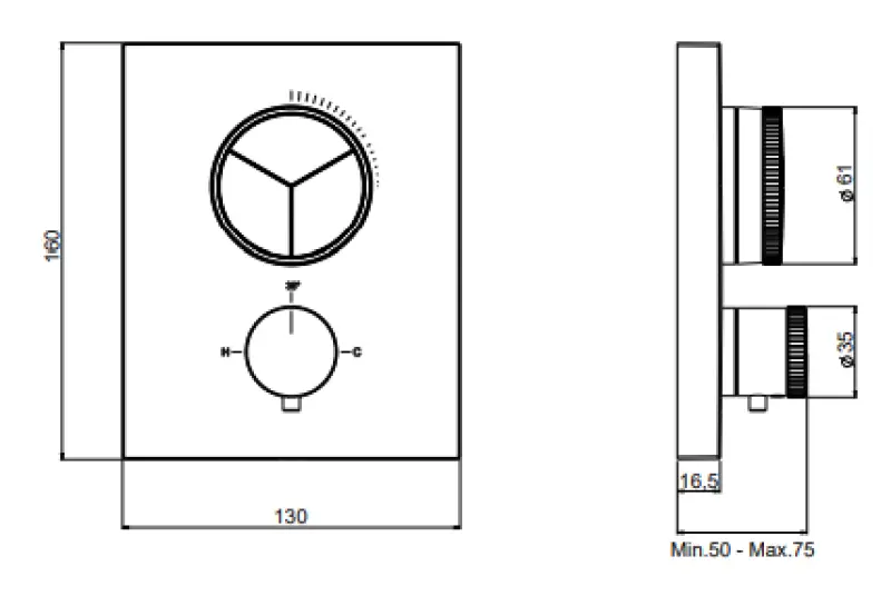SB Push Square concealed thermostatic mixer with push button 3-way diverter and flow regulator PVD gun metal 1208955138