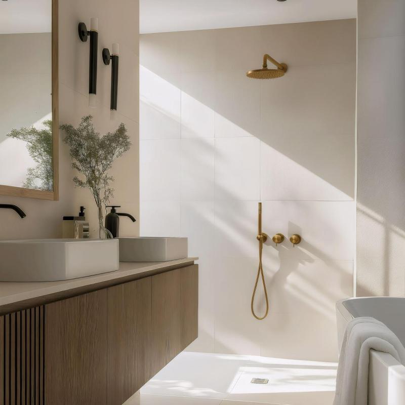 Waterevolution Flow concealed shower set with thermostat rain shower and hand shower brushed brass