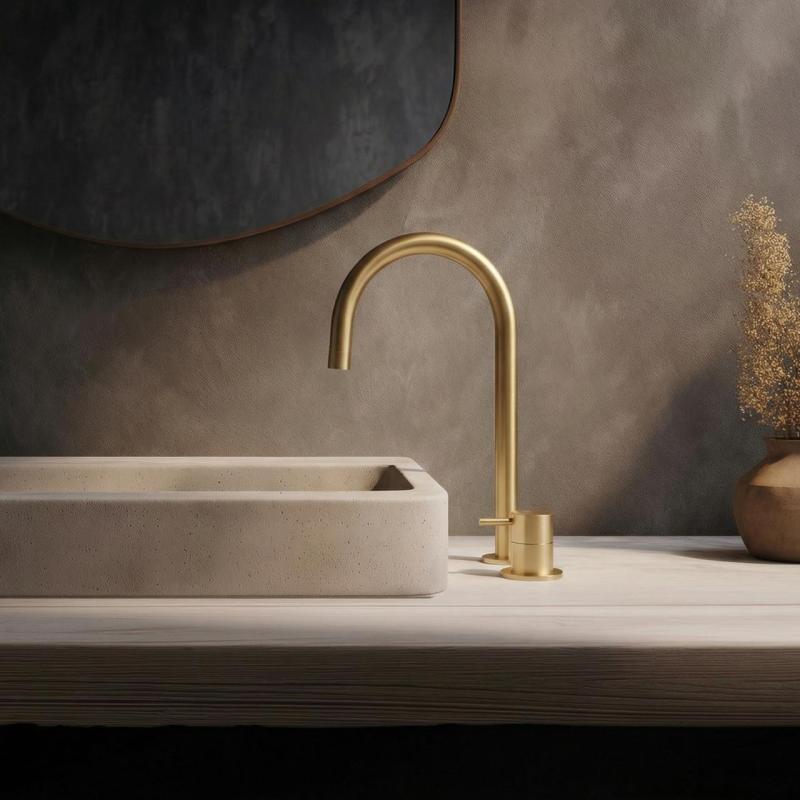 Waterevolution Flow 2-hole basin mixer with high U 200mm spout Light Gold T1122UWGE