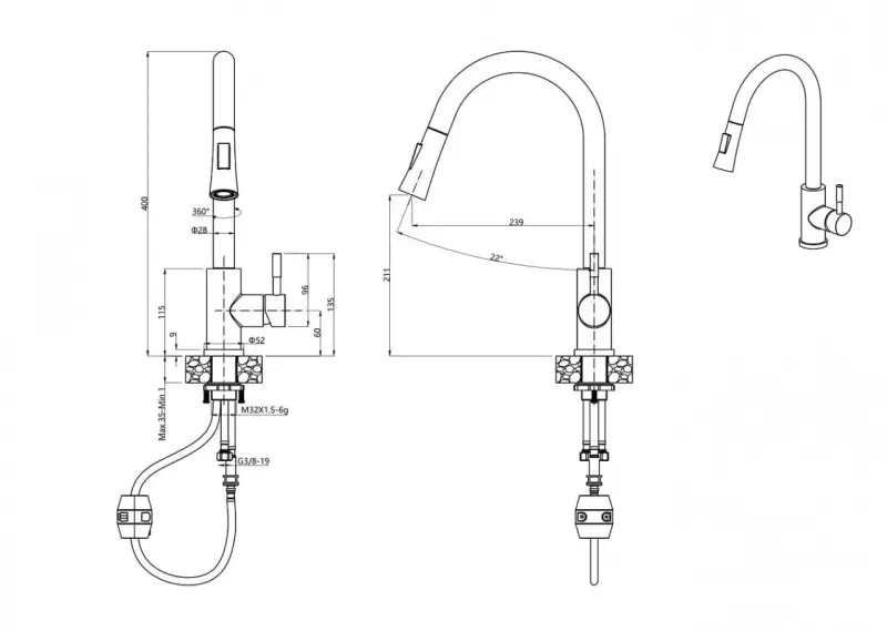 Quadri Leeds kitchen mixer tap with pull-out shower with 2 settings brushed steel 1208955909