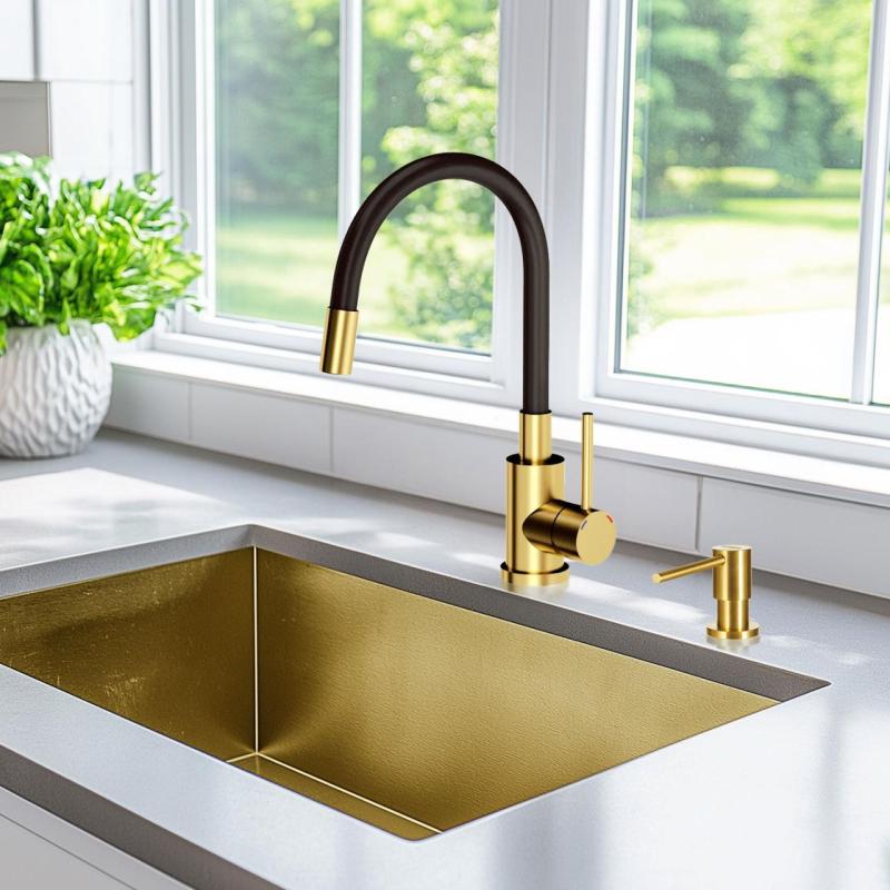 Quadri Bristol kitchen mixer tap with flexible black spout PVD brushed gold 1208956029