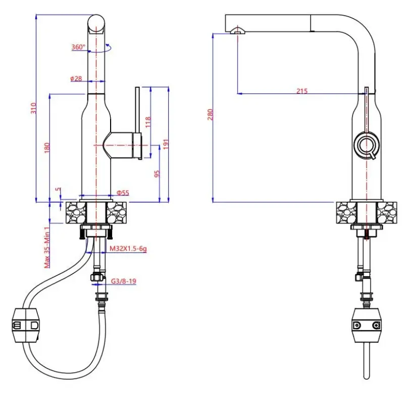 Quadri Stamford kitchen mixer gold with removable spout 1208956084