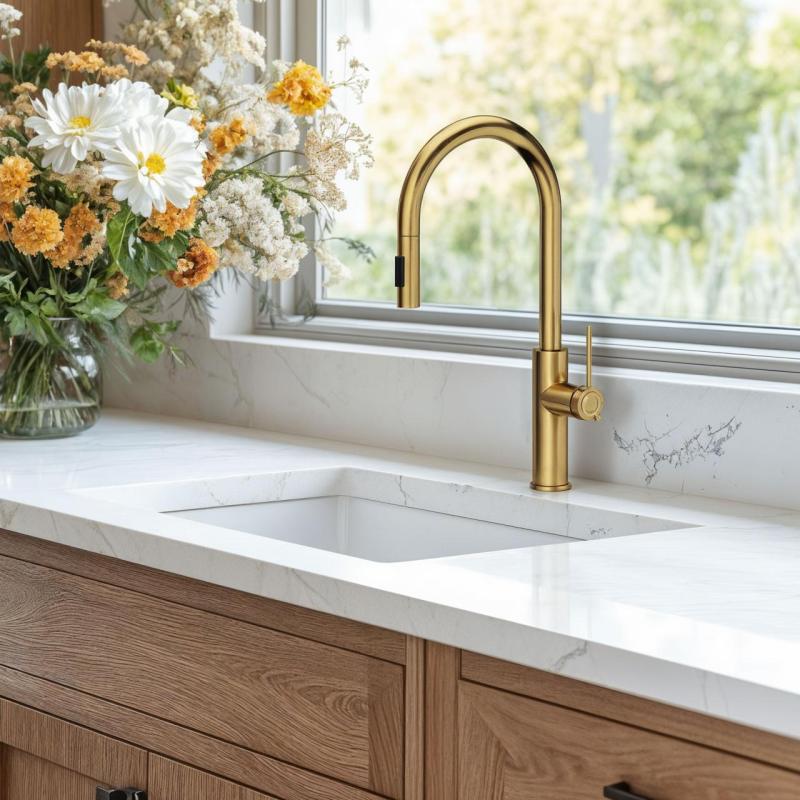 Quadri Retford kitchen mixer gold with removable spout and spray setting 1208956085