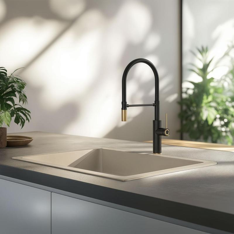 Quadri Retford Kitchen Mixer Tap Black with Gold Finish and Flexible Black Spout 1208956092