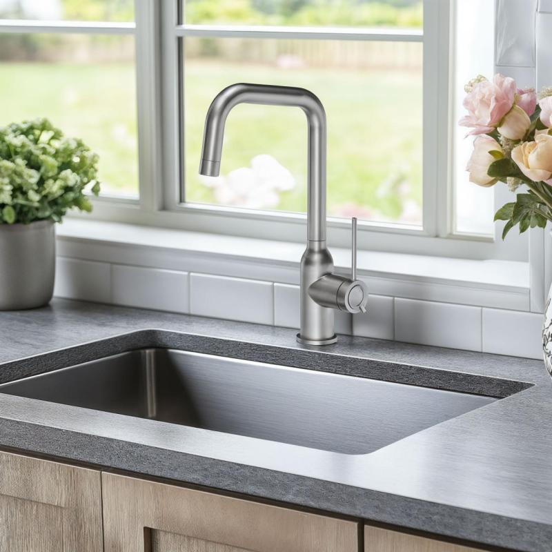 Quadri Stamford kitchen mixer stainless steel with swiveling angled spout 1208956097