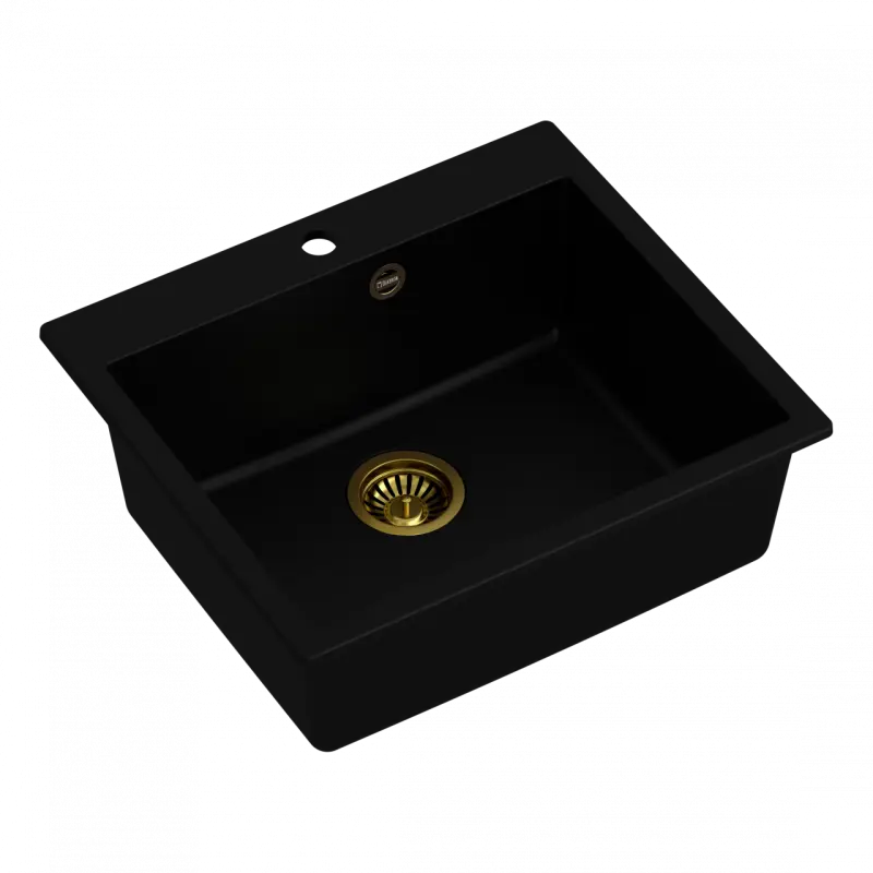 Quadri Sheffield black granite flush-mounted sink 57x50cm with tap hole bench and gold plug 1208956116