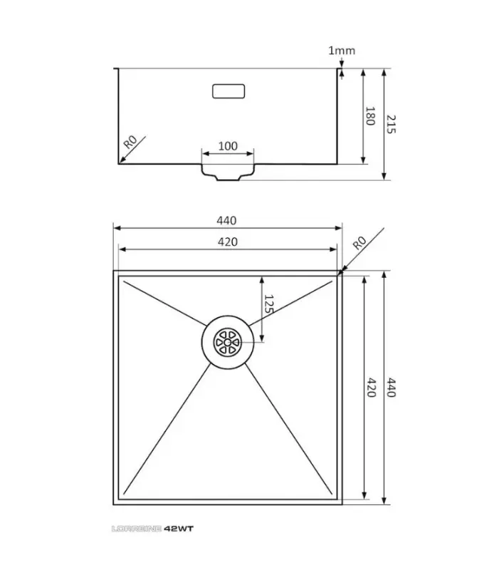 Lorreine 42WT worktop stainless steel sink 42x42cm for installation in ceramic or natural stone 1208956234