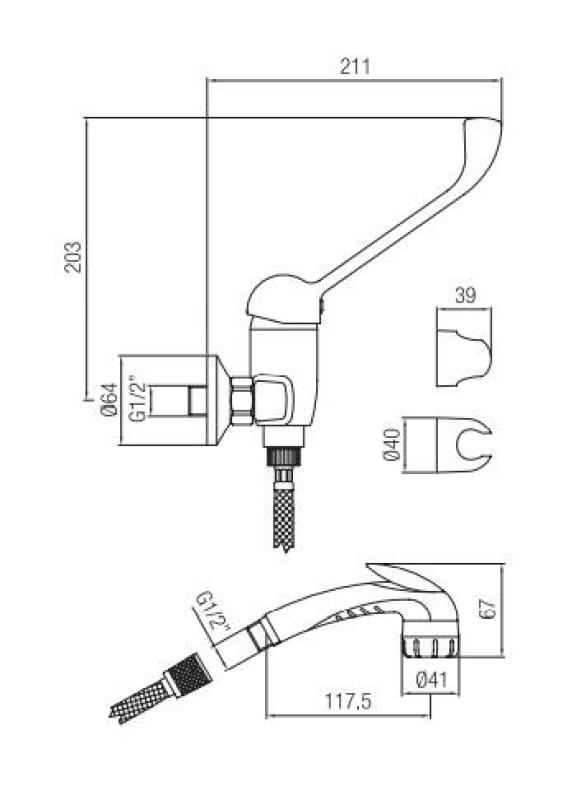 PB Clinic shower faucet for disabled with long lever and hand shower with trigger chrome 1208956283
