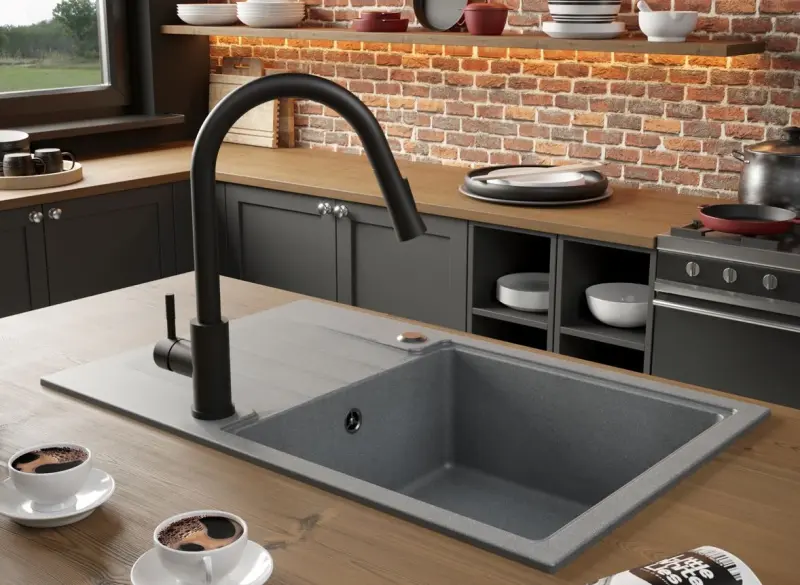 Quadri Cardigan black granite inset sink with drainer reversible 78x50cm with black plug 1208956314