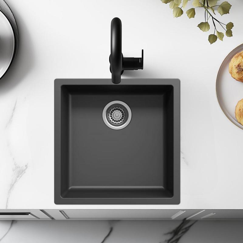 Black sink 40x40cm undermount inset and flush-mounted with stainless steel plug 1208956390